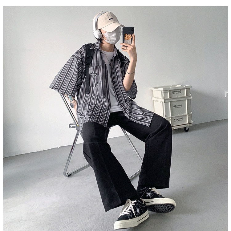 Áo Sơ Mi Tay Ngắn Dáng Rộng Cỡ Lớn Kẻ Sọc Thoáng Khí Kiểu Hip-Hop Đường Phố Nhật Bản Cá Tính Cho Nam