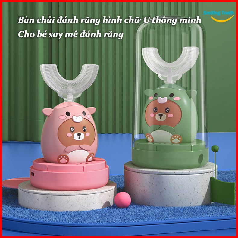(Hàng giao ngay)Bàn chải đánh răng điện trẻ em,cho bé,máy đánh răng chữ U tự động đánh sạch