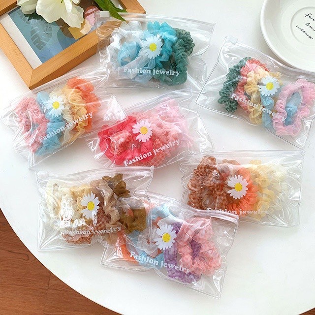 Set 5 dây buộc tóc vải scrunchies kèm túi zip hình hoa cúc
