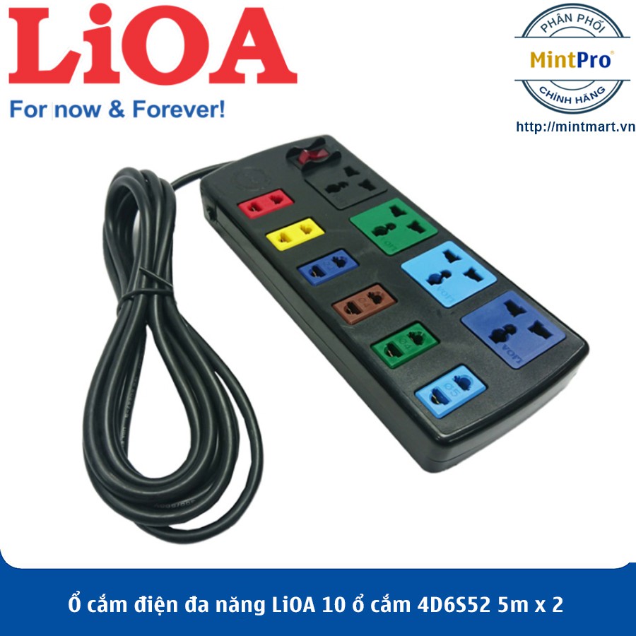 Ổ cắm điện đa năng LiOA 10 ổ cắm 4D6S52 5m x 2 (Đen) - Hàng Chính Hãng