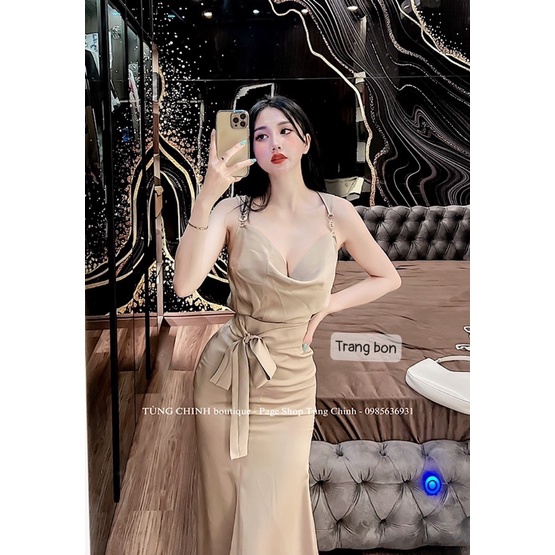 Set áo lụa cổ xích + chân váy đuôi cá
