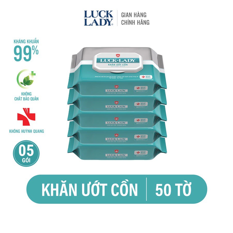 Khăn ướt cồn diệt khuẩn LuckLady không nắp 50 tờ/gói - Combo 5 gói