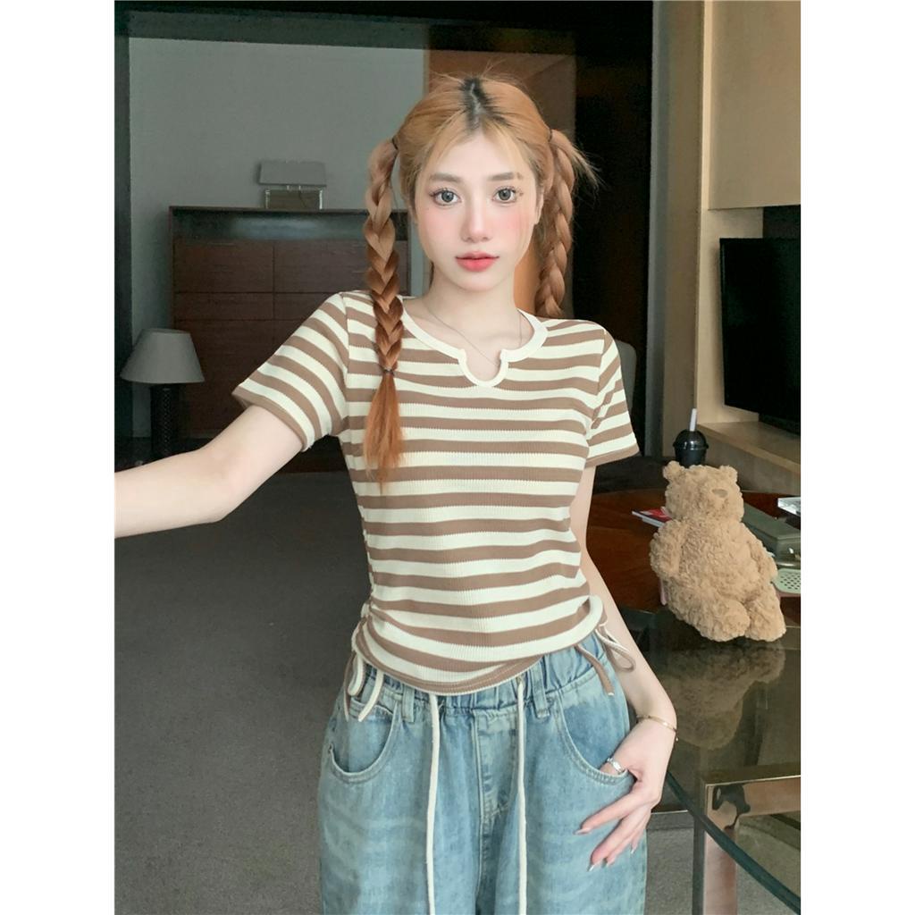 ZHELIHANGFEI Áo Sweater Dáng Ôm Lưng Cao Kẻ Sọc Phối Dây Rút Cá Tính Cho Nữ