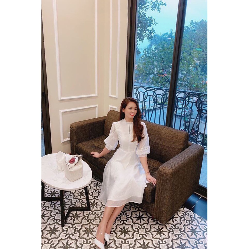 Đầm dự tiệc cao cấp trắng tay phồng phối ren chất Voon nhẹ nhàng sang trọng | BigBuy360 - bigbuy360.vn