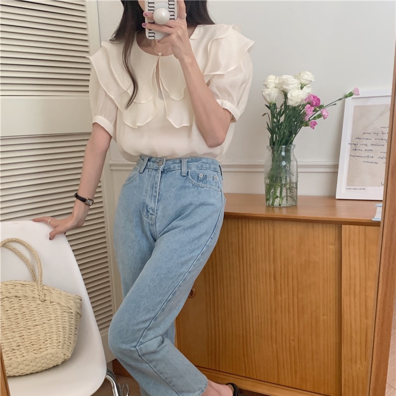 SUXI Áo Sơ Mi Tay Ngắn Dáng Rộng Cổ Bèo Màu Sắc Đơn Giản Phong Cách Hàn Quốc Thời Trang Mùa Hè