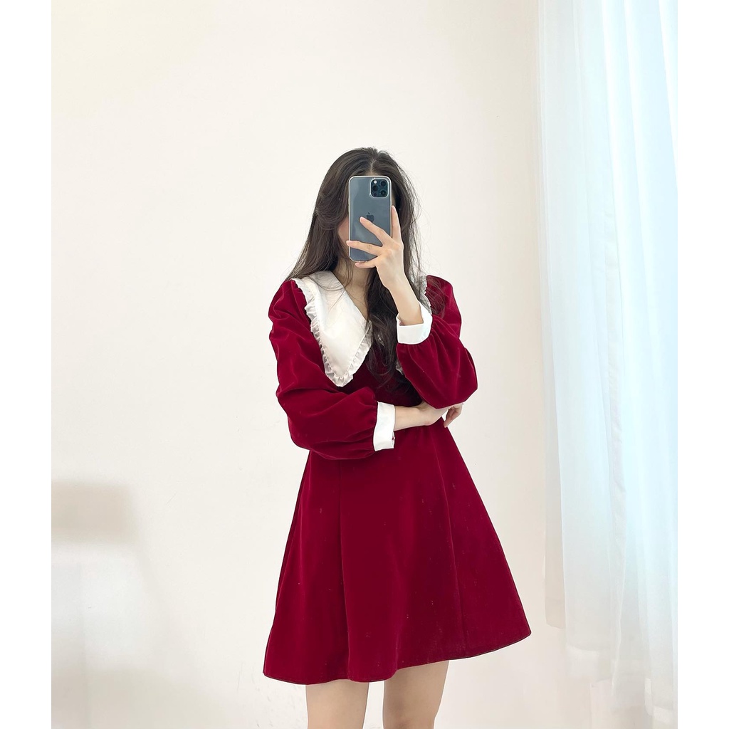 Đầm nhung cổ bèo ống tay trắng Miho house