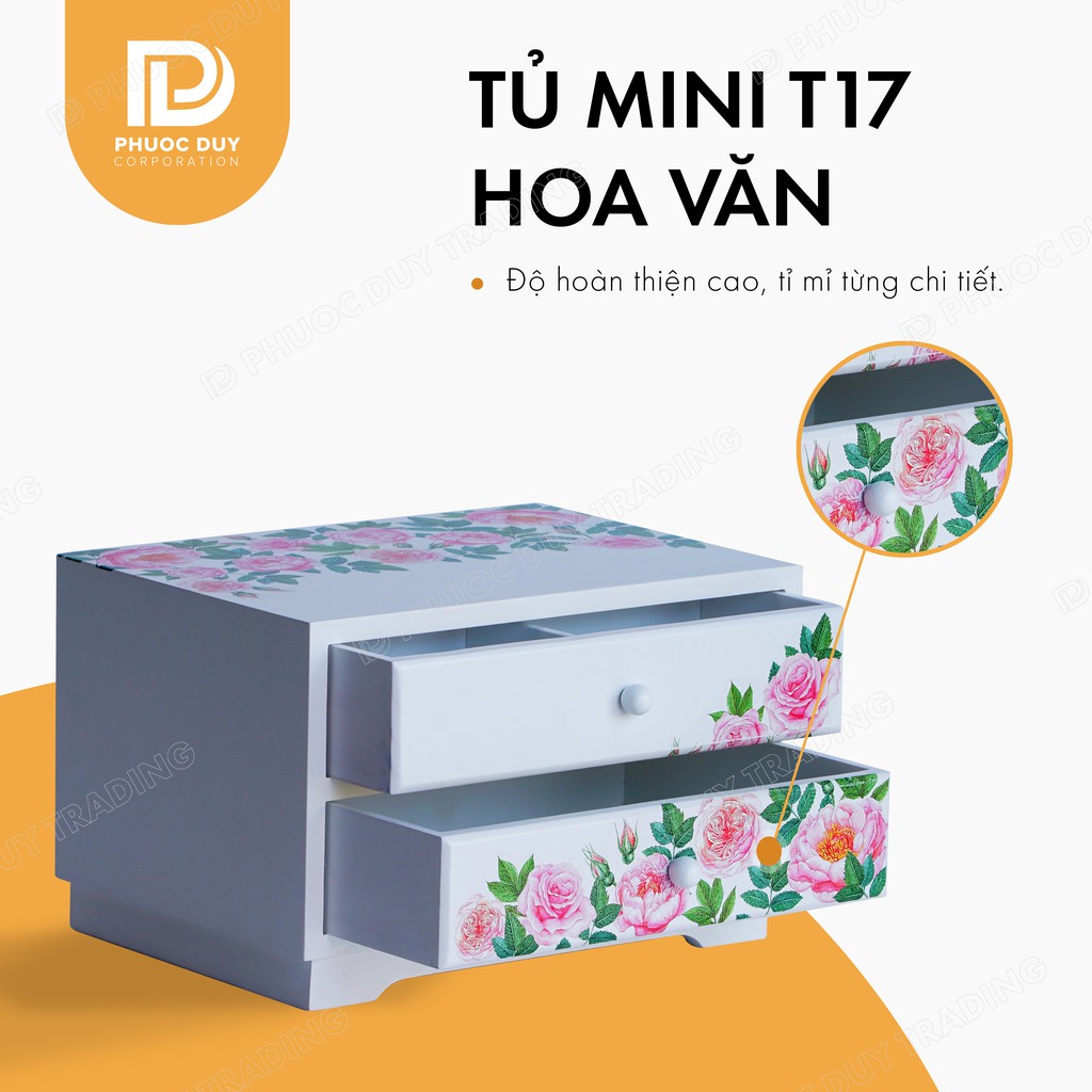 Tủ mini để bàn đa năng - Tủ nữ trang mỹ phẩm gỗ thông tự nhiên T17 - Họa tiết hoa