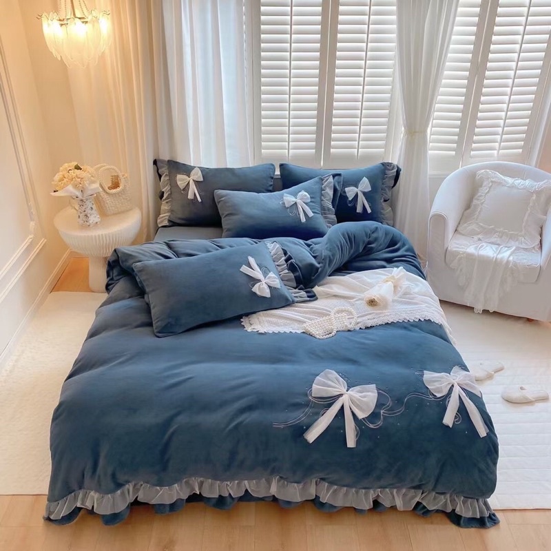 TRỌN BỘ CHĂN GA GỐI NỈ NHUNG ĐÍNH NƠ ĐIỆU ĐÀ CAO CẤP