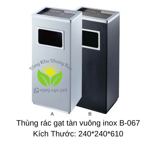 Thùng rác Inox hình vuông có gạt tàn thuốc lá, Thùng rác gạt tàn Inox hình vuông