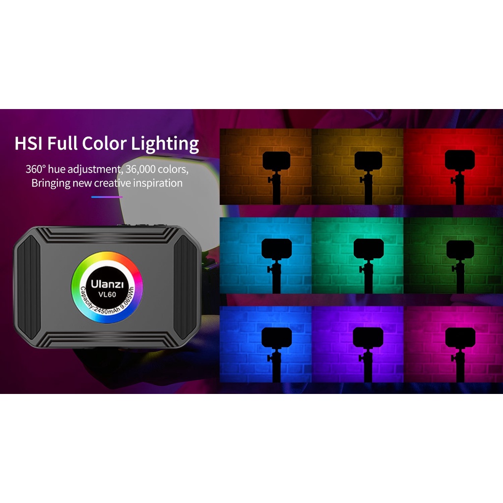 ULANZI VL60 RGB (2500-9000K) - HÀNG CHÍNH HÃNG - Đèn LED đổi màu RGB | 36.000 màu | 20 hiệu ứng đặc biệt | 2450mAh