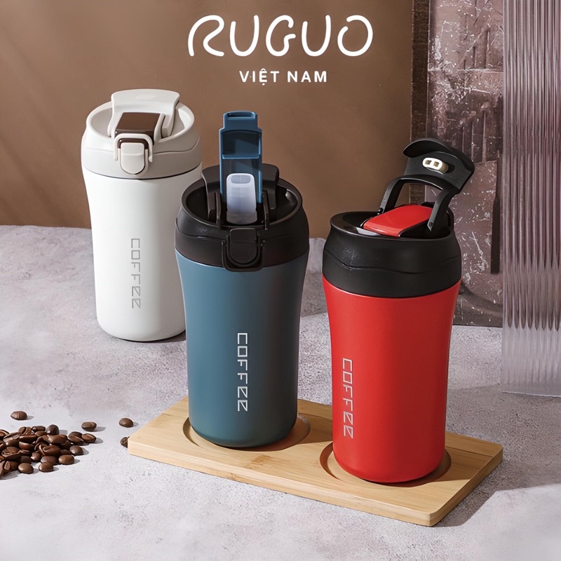 Ly Giữ Nhiệt Coffee 420ml Có Ống Hút Inox 304 Chống Tràn, Giữ Nóng Lạnh 6-8 Tiếng RUGUO