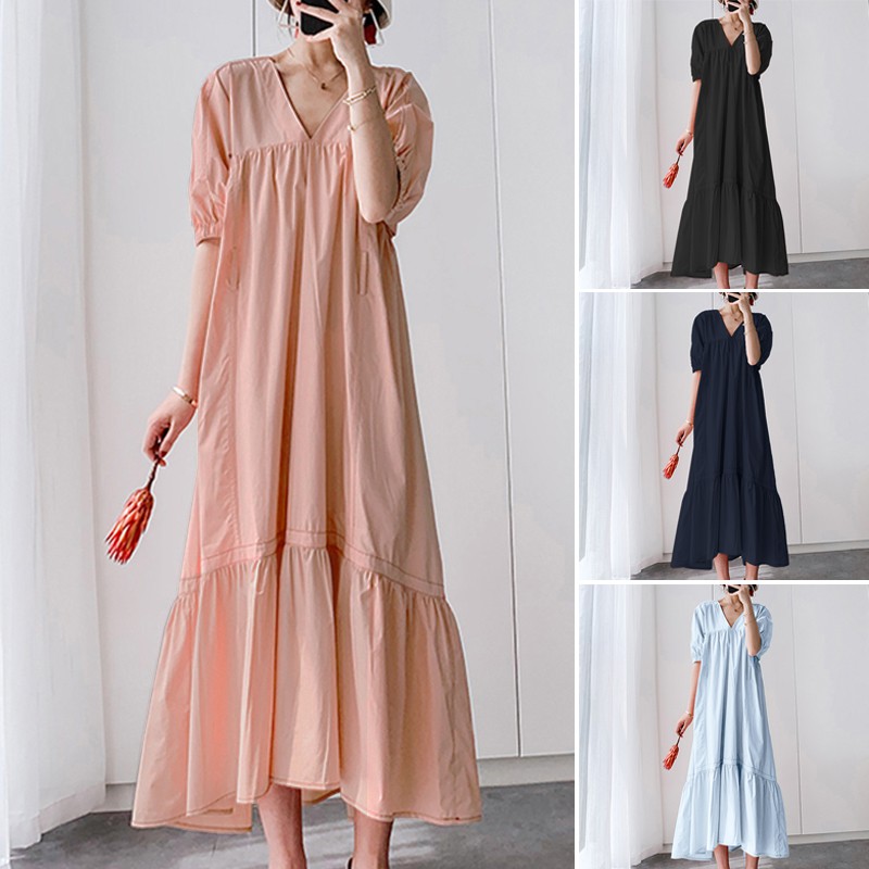 ZANZEA Đầm dài màu trơn phong cách thanh lịch cho nữ | BigBuy360 - bigbuy360.vn