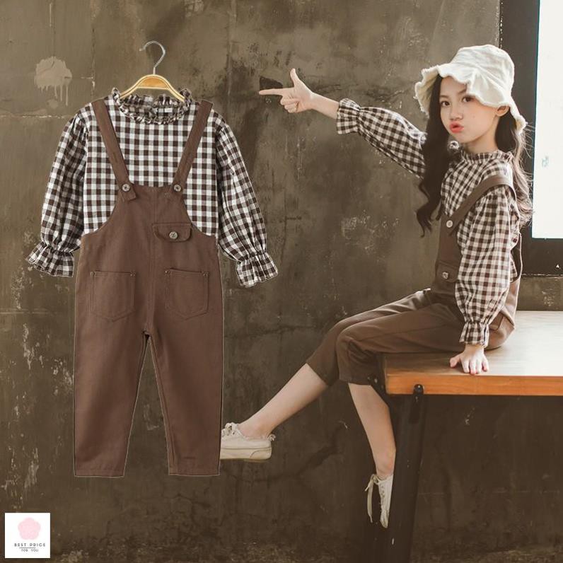 Thời trang bé gái 10 tuổi ☑️ Set Quần Yếm Và Áo Tay Dài,  yếm cho bé gái 30kg 35kg