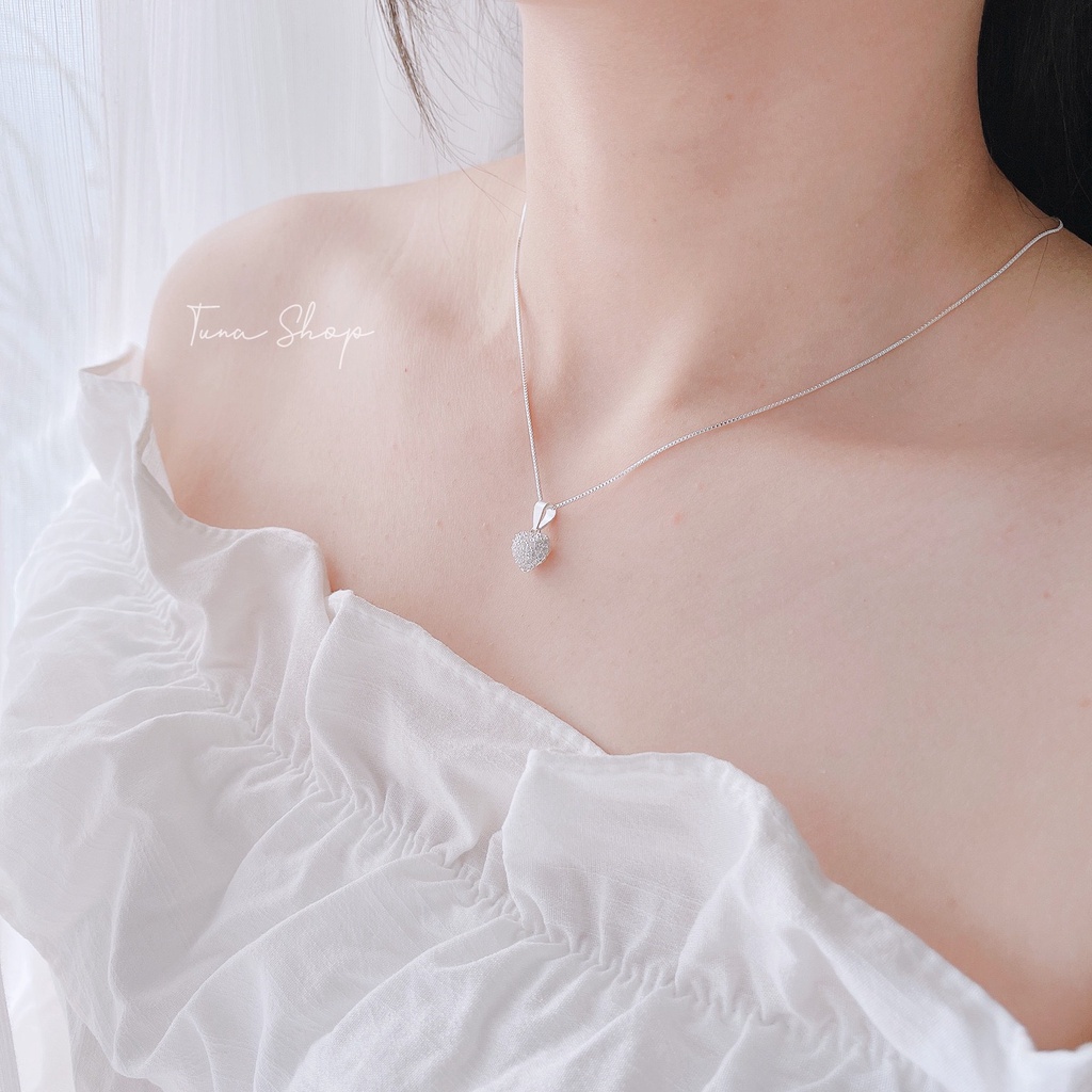 Dây chuyền Bạc gắn đá pha lê mặt trái tim, Vòng cổ đeo  Bạc cao cấp 𝐂𝐚𝐦 𝐤𝐞̂́𝐭 𝐜𝐡𝐮𝐚̂̉𝐧 𝐁𝐚̣𝐜 TUNA SILVER