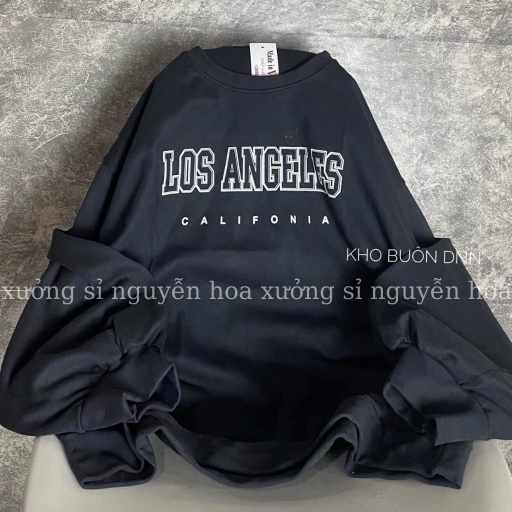 Áo sweater nỉ Los angeles dài tay dáng thụng unisex nam nữ mặc được 3 màu xanh rêu đen xám Xưởng Sỉ Nguyễn Hoa