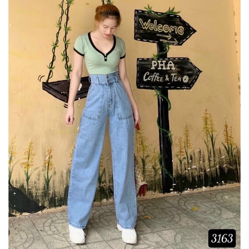 👉Baggy Jeans 2 Nút Lưng Cao Ống Suông