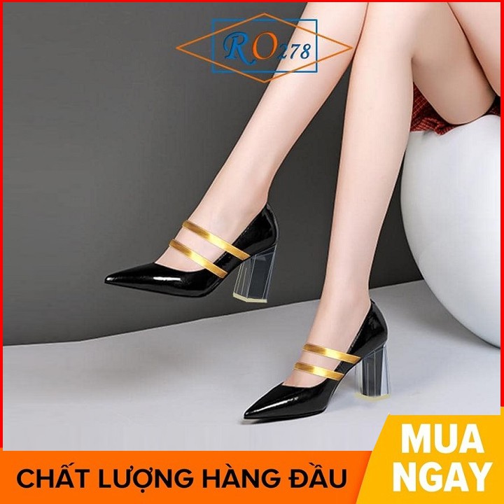 Giày cao gót nữ đẹp đế vuông 7 phân màu đen kem hàng hiệu rosata ro278