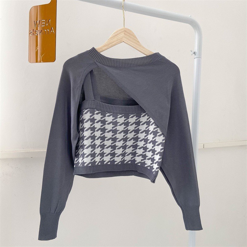 Set len hai món áo 2 dây kèm áo khoác ngoài họa tiết caro zik zắc 4 màu