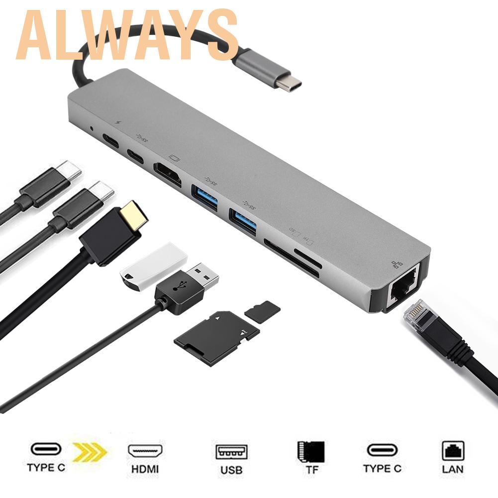 Alwaysonline USB-C to Type-C Hub Adapter 8-in-1 Adaptor Dock Station HDMI RJ45 Ethernet