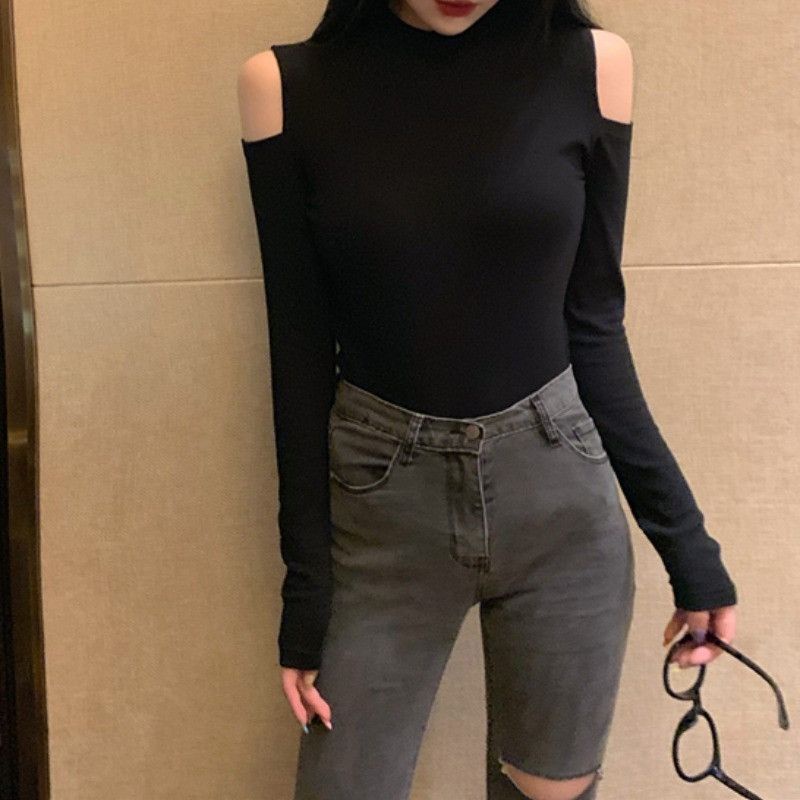 Áo thun nữ hở vai sexy cổ lọ 3cm 3p thun gân tăm dày dặn mặc thu đông