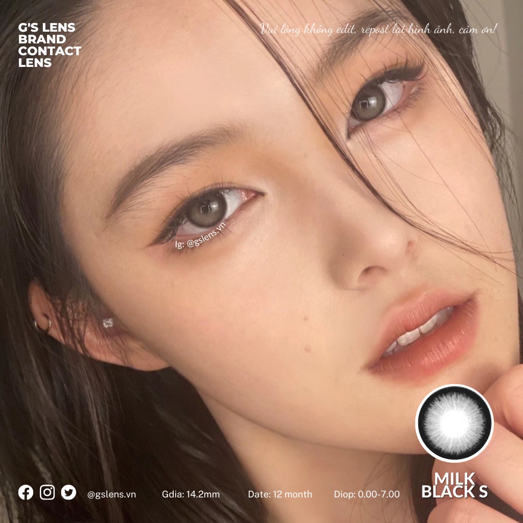 Lens Mắt Kính Áp Tròng Đen Xám Hoa Văn MILK BLACK Giãn Ít Có Từ 0 Đến 7 Độ Lệch Độ Size S 14.2mm