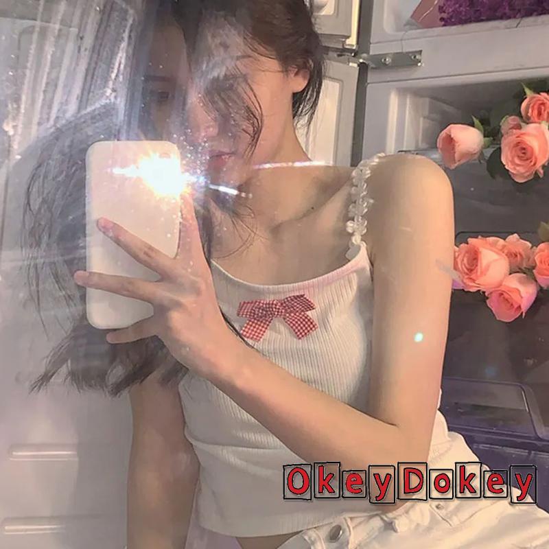 OKDK-Women Vest Plaid Bow Decoration Lace Camisole Knitted Bottoming Shirt Sleeveless Tops