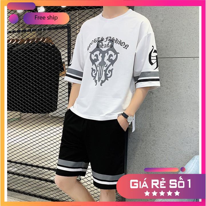 Bộ quần áo nam thể thao cộc tay mặc mùa hè in Hoa Văn, chất thun cotton 2 màu đen/trắng - VIETCEN