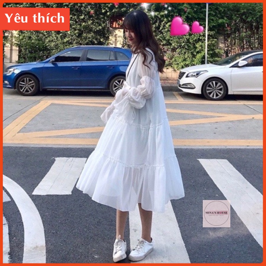 Váy babydoll trắng xếp tầng / mina’s house