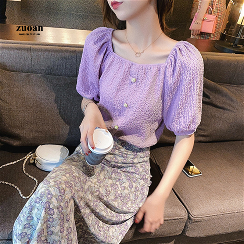 SUXI Áo Tay Ngắn Thiết Kế Cổ Vuông Dáng Rộng Màu Trơn Đáng Yêu Cho Nữ