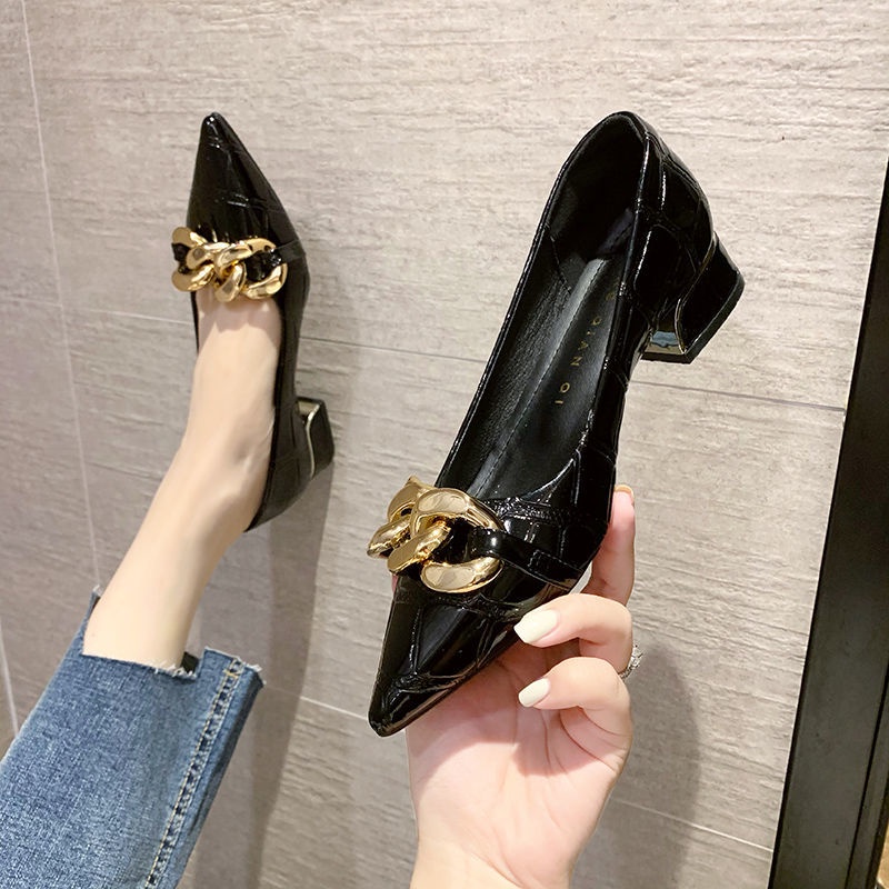 Giày búp bê cao gót bán nguyệt phối dây xích kim loại thời trang mùa hè pháp 2021