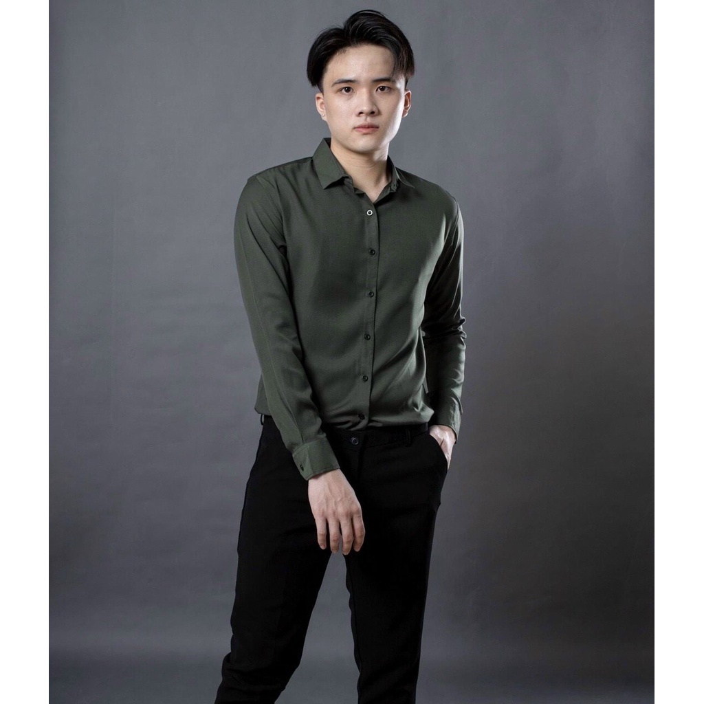 Áo sơ mi nam trơn chất lụa màu xanh rêu tay dài gấp cổ dáng slimfit công sở 8 màu siêu xịn chuẩn shop Binstore94 GU08