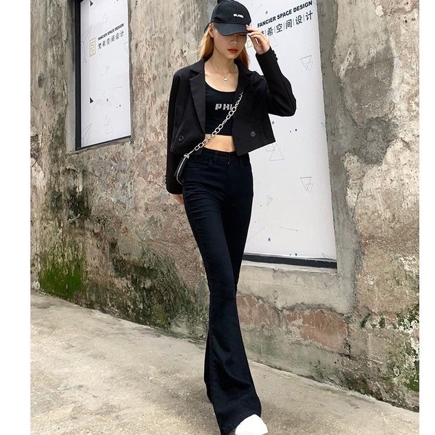 Quần jean nữ ống loe lưng cao co giãn màu đen Phong cách hàn quốc