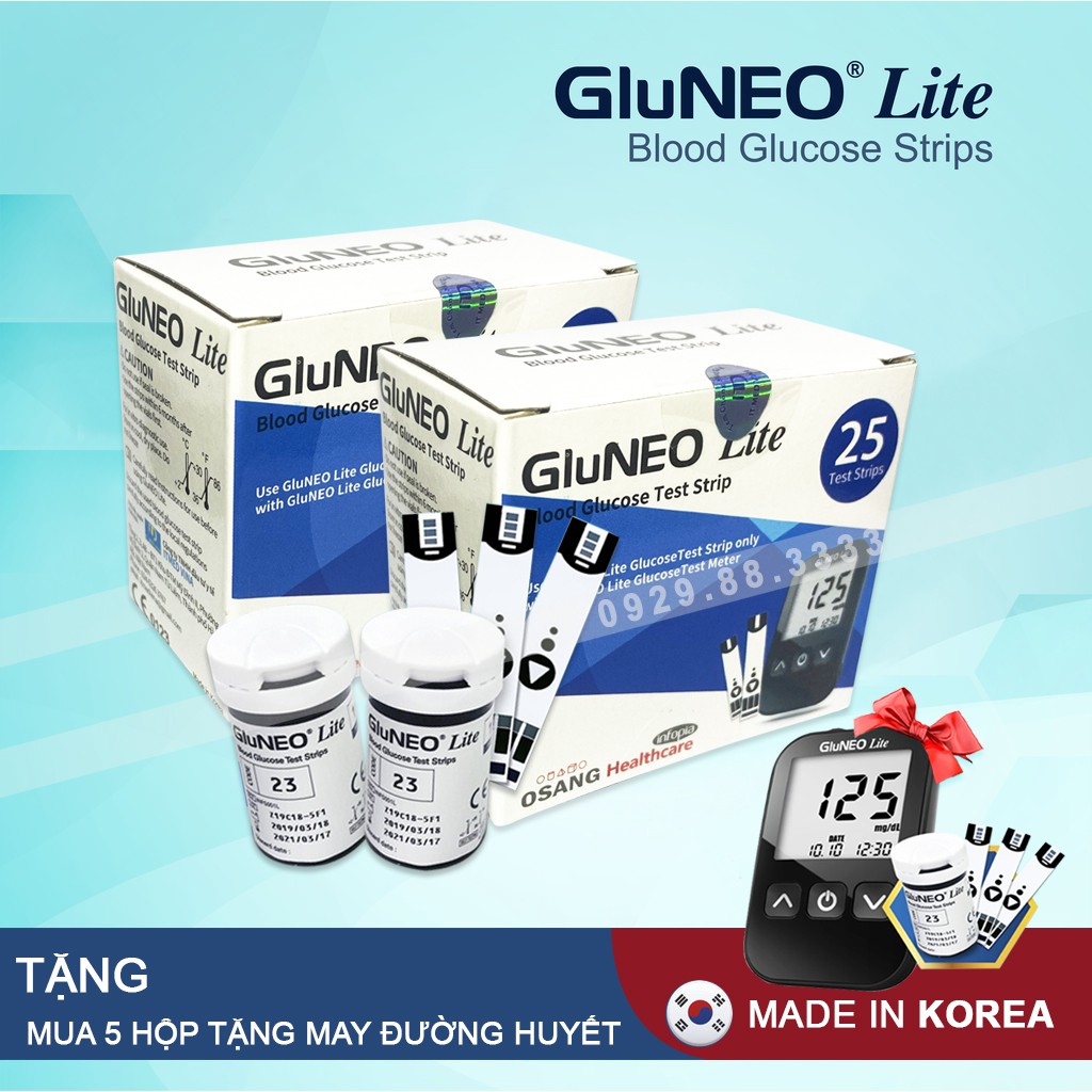 Que thử đường huyết GluNeo lite hộp  ( 25 test / 50 test )  + Tặng túi kim chích máu ( Mua 5 hộp tặng máy đường huyết )