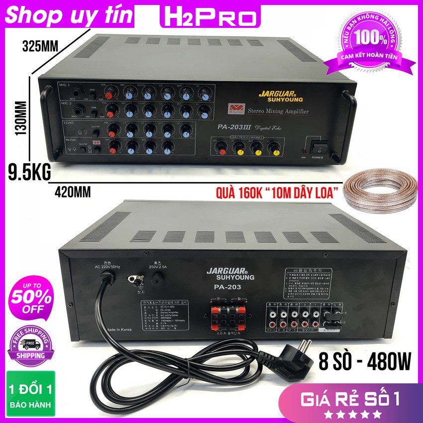 [RẺ VÔ ĐỊCH] Amply Karaoke Jarguar PA-203III 8 sò 480W công suất lớn, amply jarguar liên doanh, bh 12 tháng (tặng 10m dâ