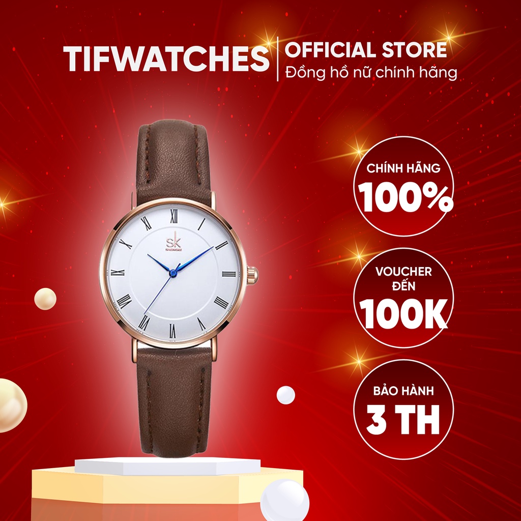 Đồng hồ cặp nam nữ dây da nâu SHENGKE mặt la mã kim xanh đồng hồ đôi chính hãng đẹp Watchesbytif size 28mm & size 40mm