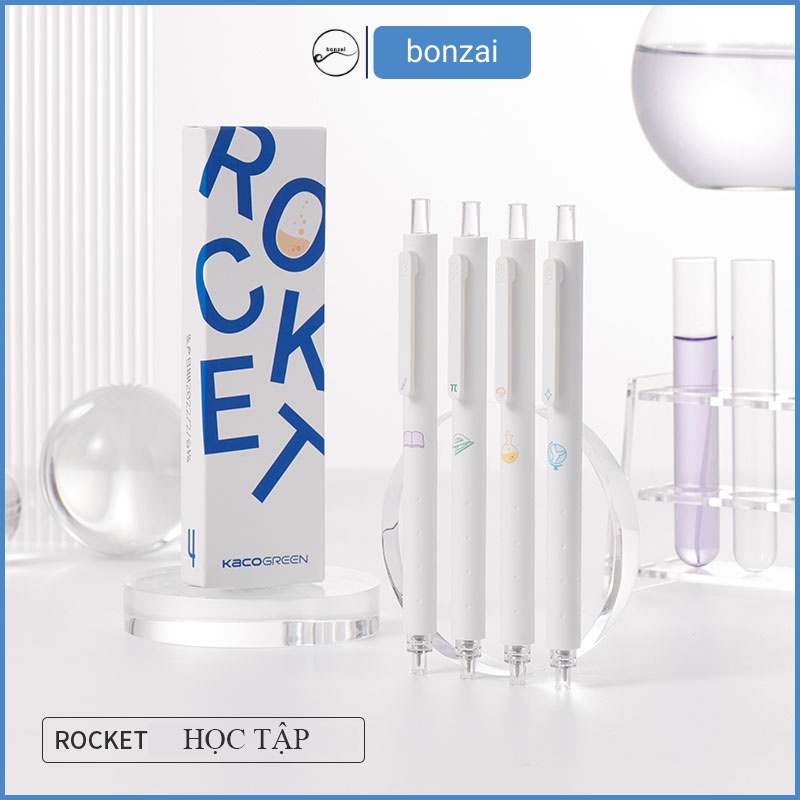 Bộ 4 bút bi Kaco Rocket Trắng học tập mực đen ngòi 0,5mm