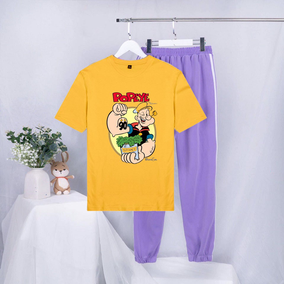 Sét Bộ Quần Áo Ulzzang Mùa Hè Nữ Mặc Đi Chơi Xinh Cute, Áo Phông Cotton Ngắn Tay In 3D PoPeye Mix Quần Thun Bo Gấu