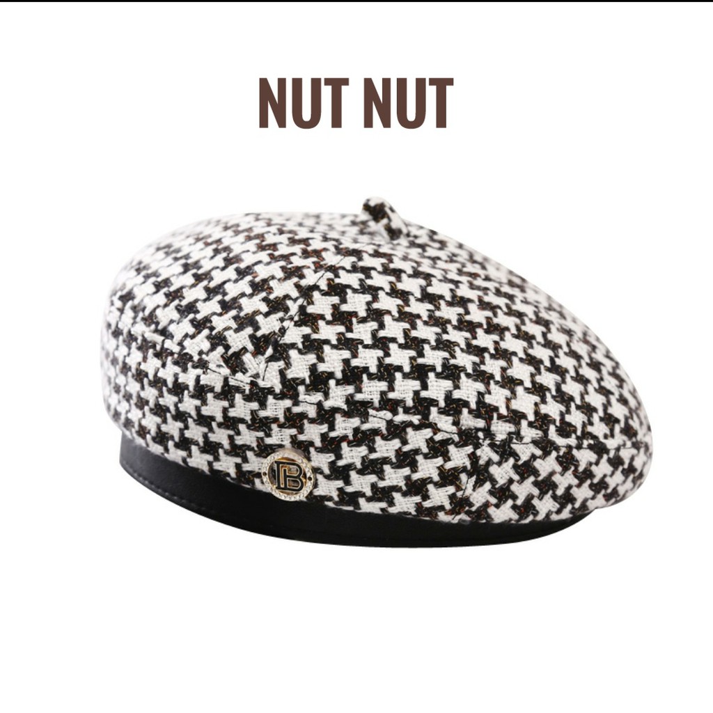 Nón Beret nữ dạ - mũ nồi caro thu đông thời trang Hàn Quốc có dây rút cho nữ M01