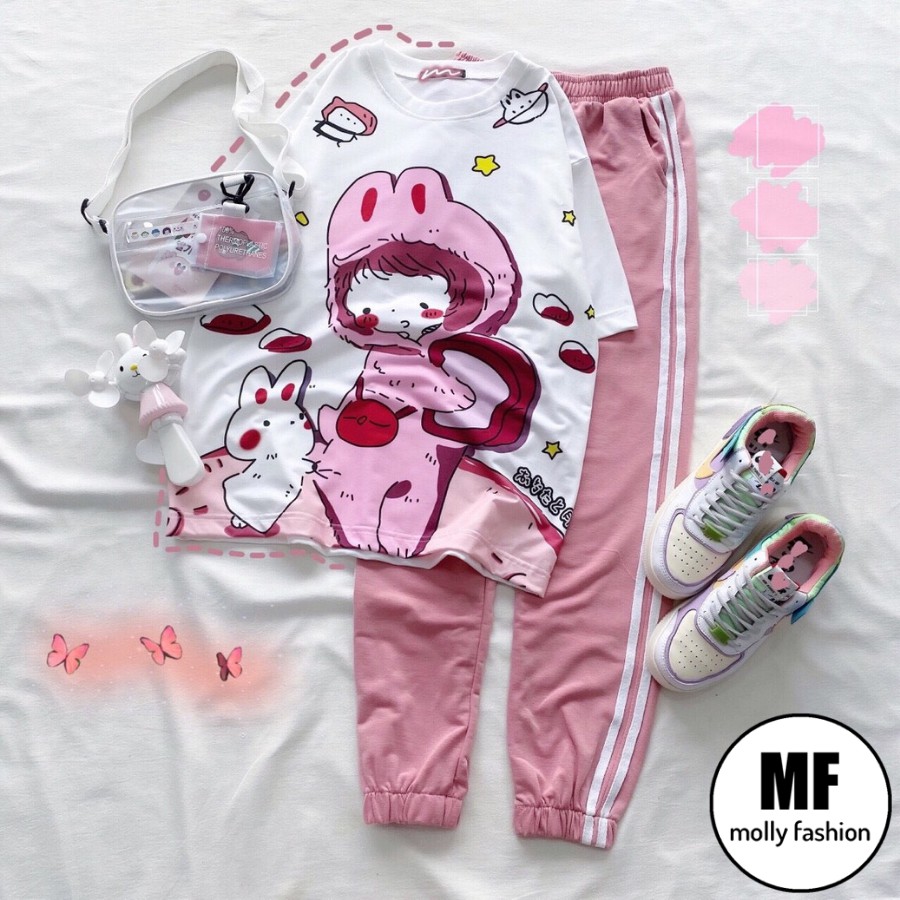 Set đồ bộ quần dài Jogger 2 Sọc BÉ THỎ ❤️ Bộ hoạt hình form rộng Freesize Molly Fashion