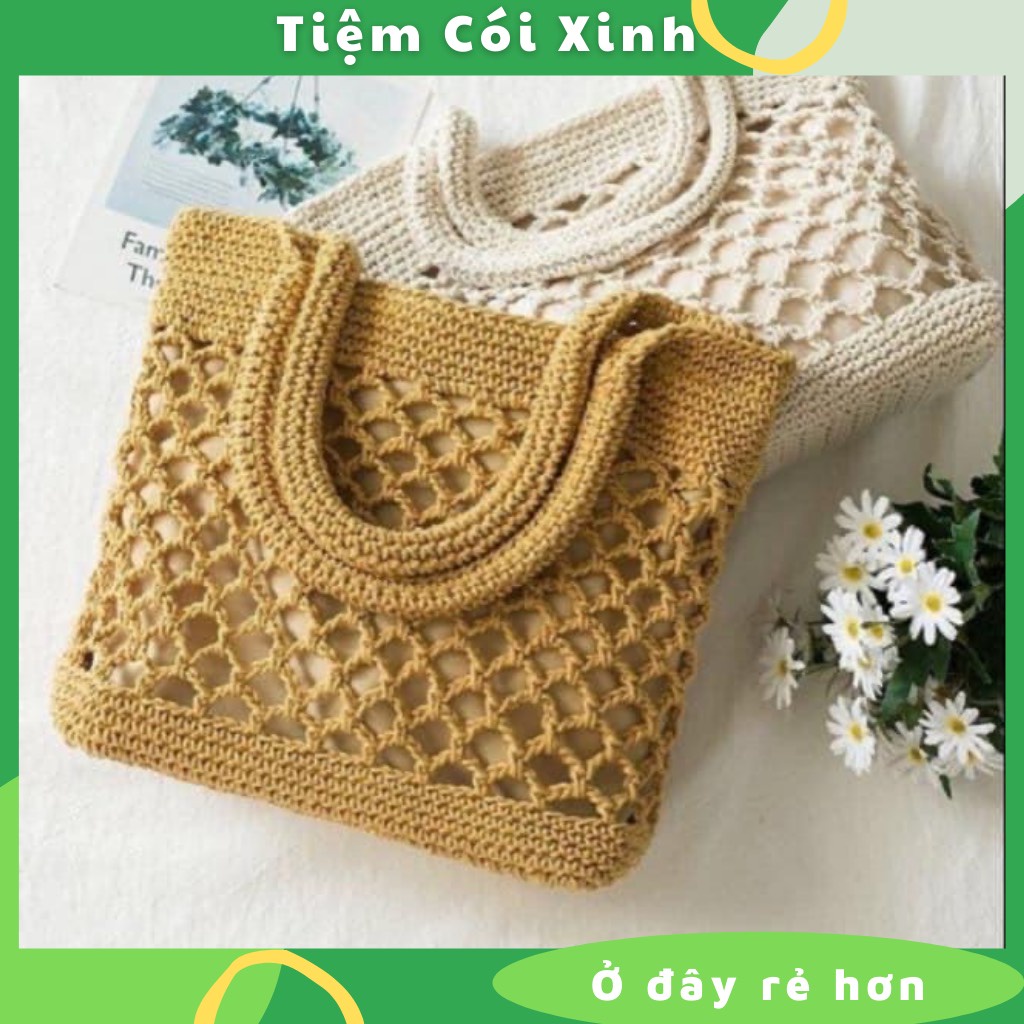 Túi Cói Xách  Sợi Len Đan Thủ Công Macrame Thưa Lót Vải Có Đệm Đáy