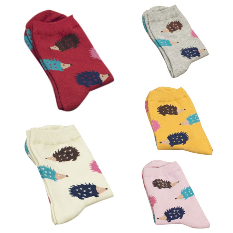 Tất cotton dài , in họa tiết nhím dễ thương cho nữ