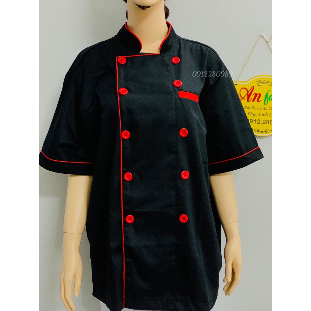 Áo đầu bếp nam nữ cao cấp dày dặn màu đen tay ngắn _ Hình chụp thật