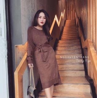 Váy len trễ vai buộc đai