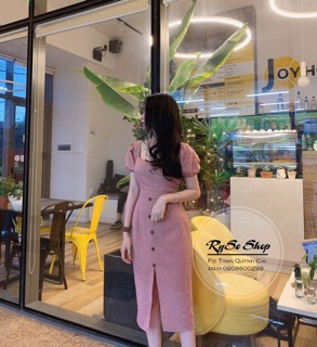Đầm body caro cổ U thắt eo