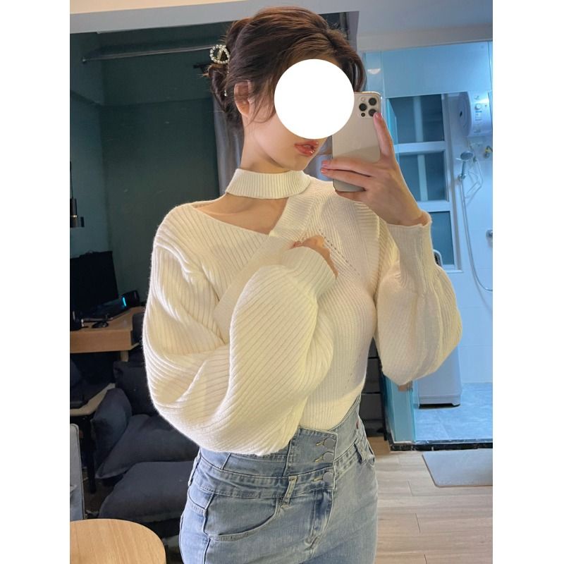 Áo Len Dệt Kim Hở Vai Cho Nữ Mùa Thu Đông Dáng Croptop