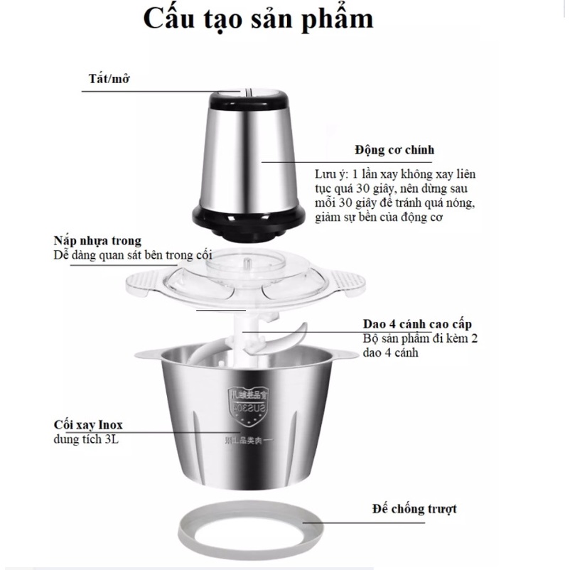 MÁY XAY THỊT XAY THỰC PHẨM ĐA NĂNG KITCHEN EXPERT 250W LOẠI 2L / MÁY XAY INOX
