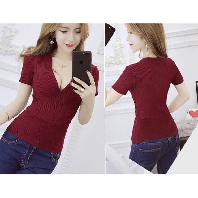 Áo thun gân cổ đáp chéo chữ V - CÓ TAY