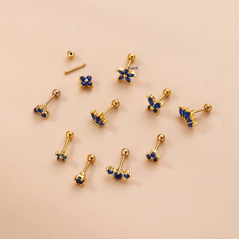 1 Khuyên Tai Dạng Xoắn Ốc Đôi Bằng Thép Không Gỉ Đính Đá Zircon Xanh Hoàng Gia 20 Gauge