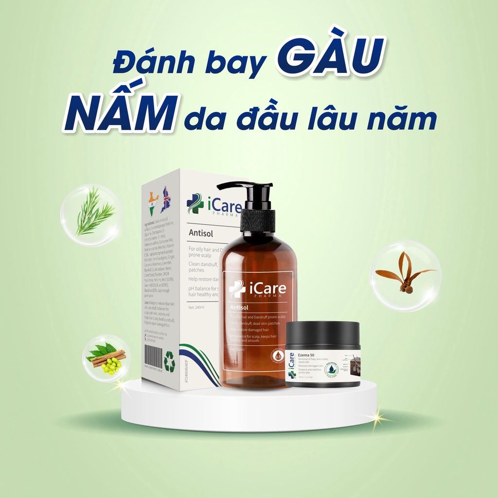 Combo Nấm Đầu Ezema 50 & Dầu Gội Sạch Gàu Antisol - Chiết Xuất Gurjun Ấn Độ