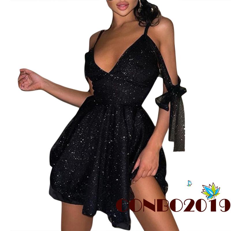 Đầm Hai Dây Cổ Chữ V Màu Sắc Lấp Lánh Thời Trang Dự Tiệc Cho Nữ